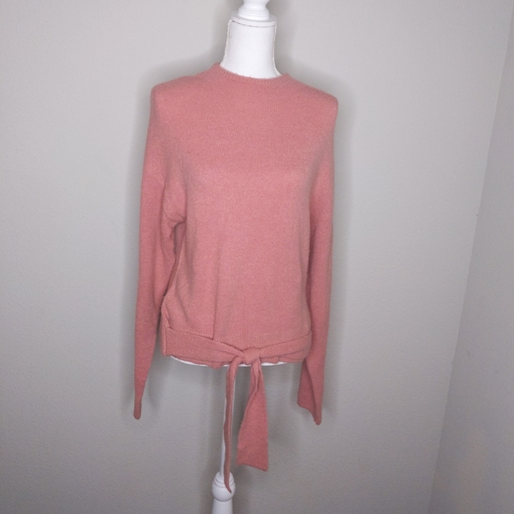 WAYF Milo Knot Tie Front Mockneck Sweater Pink Wool Blend Nordstrom Small NWT - Picture 2 of 8